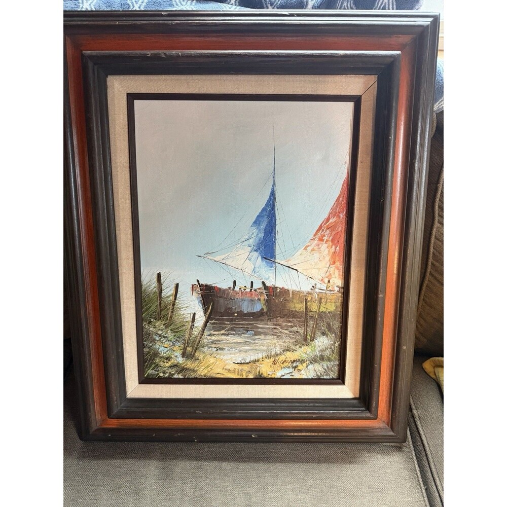 Colorful Fishing Boats Oil Painting  signed W. Chapman Vtg Framed 19.5” X 23.5”